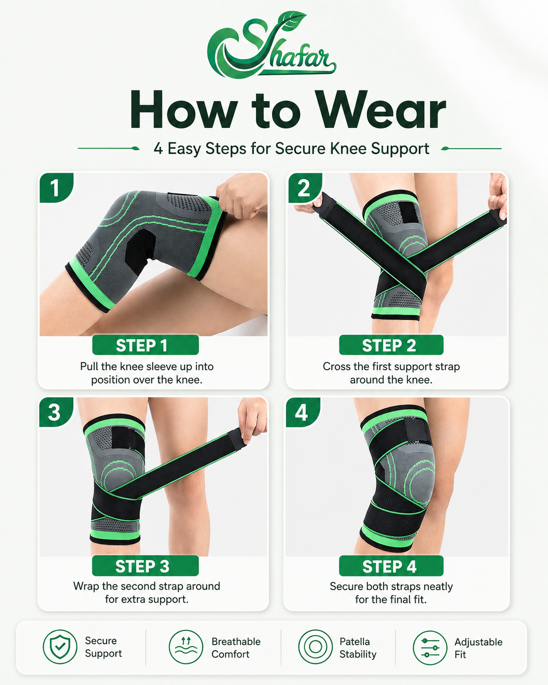 Instructional graphic titled 'How to Wear' for a Shafar knee support brace, showing four numbered steps with photos of a person's leg wearing and adjusting the black and green knee sleeve on a light gray background.