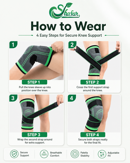 Instructional graphic titled 'How to Wear' for a Shafar knee support brace, showing four numbered steps with photos of a person's leg wearing and adjusting the black and green knee sleeve on a light gray background.